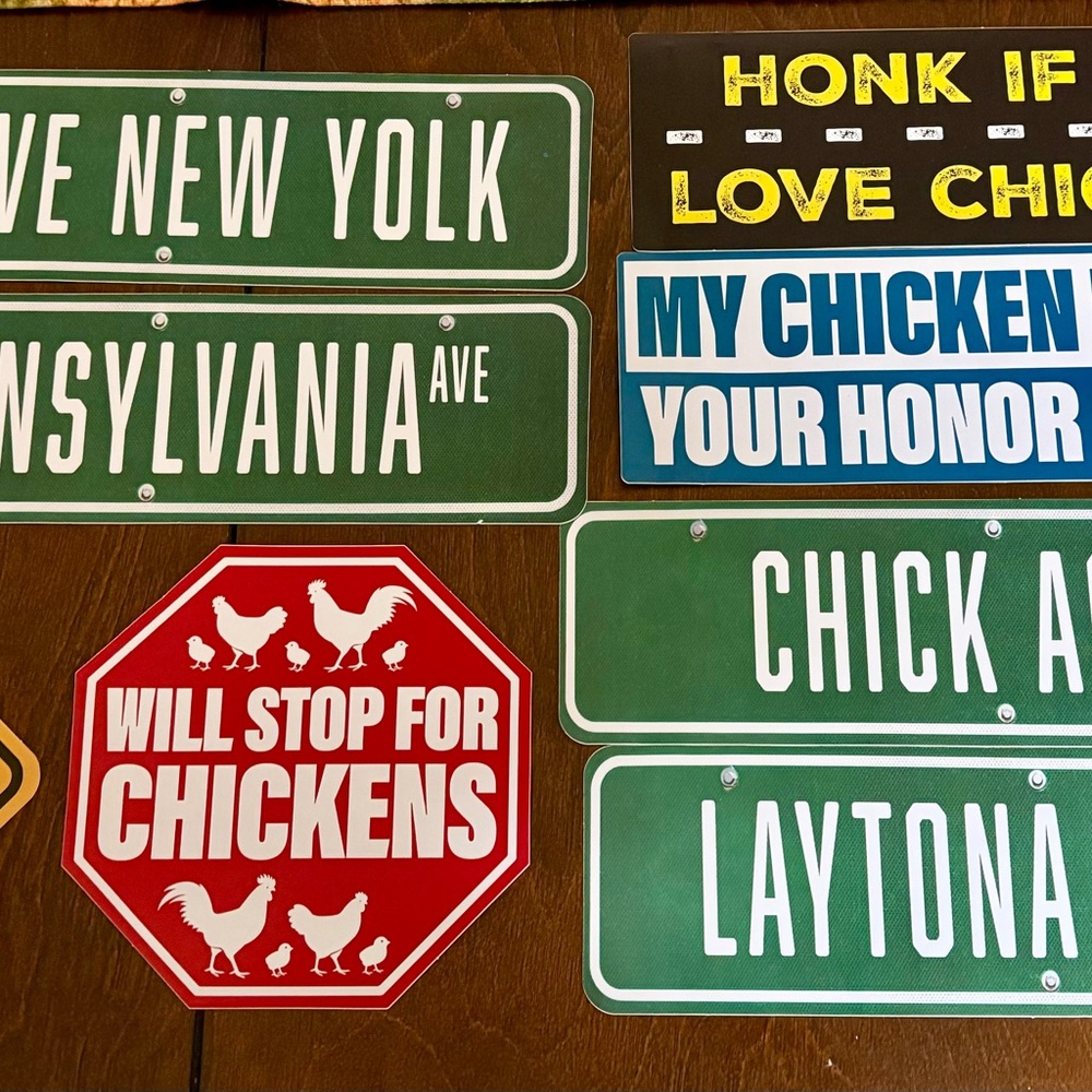 Chickens Themed vinyl sticker Street Sign Set for car coop or cup